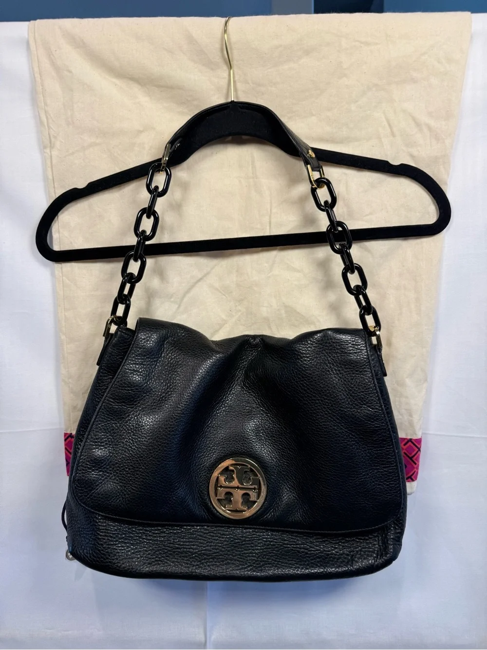 Tory Burch Black Pebbled Leather Shoulder Bag with Gold Logo